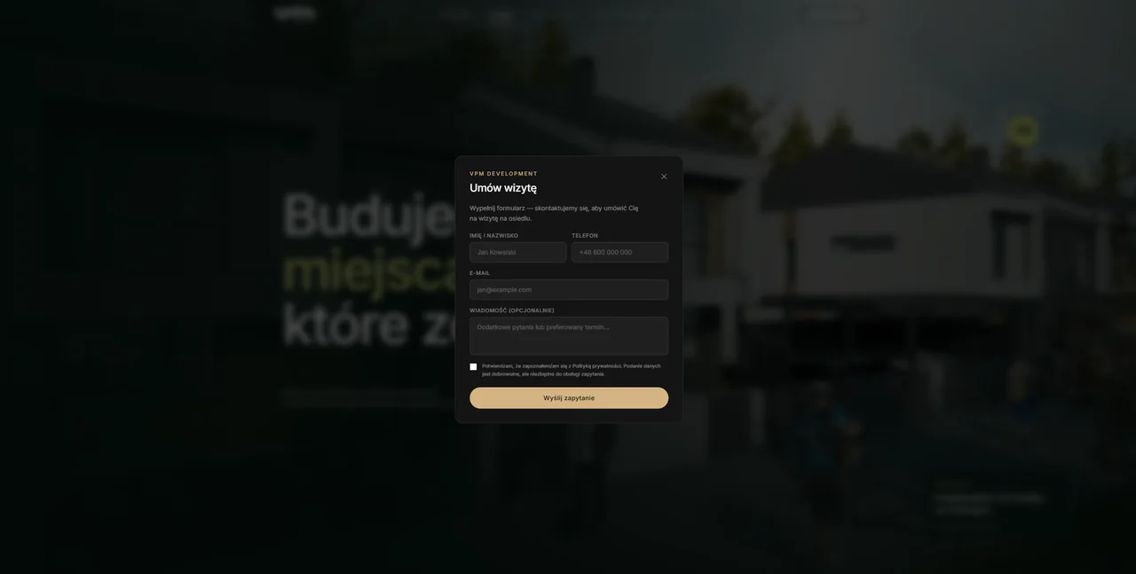 Formularz Umów wizytę otwarty nad przyciemnioną stroną VPM Development