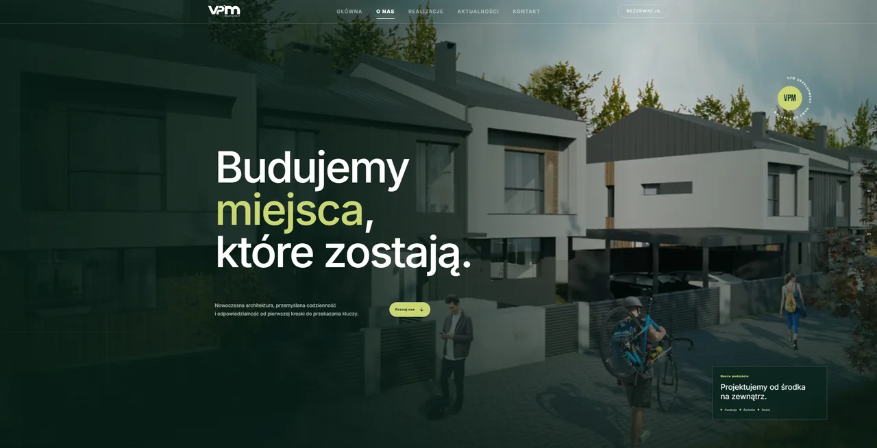 Podstrona O nas VPM - zielone tło, fotografia zabudowy i duża typografia