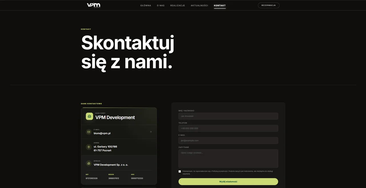 Strona kontaktowa VPM - dane dewelopera i formularz na ciemnym tle