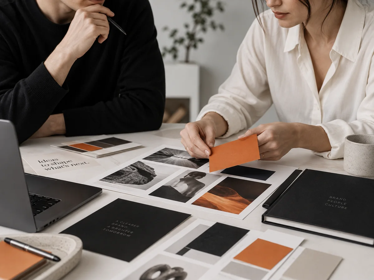 Wspólna praca nad moodboardem marki, zdjęciami i próbkami kolorów