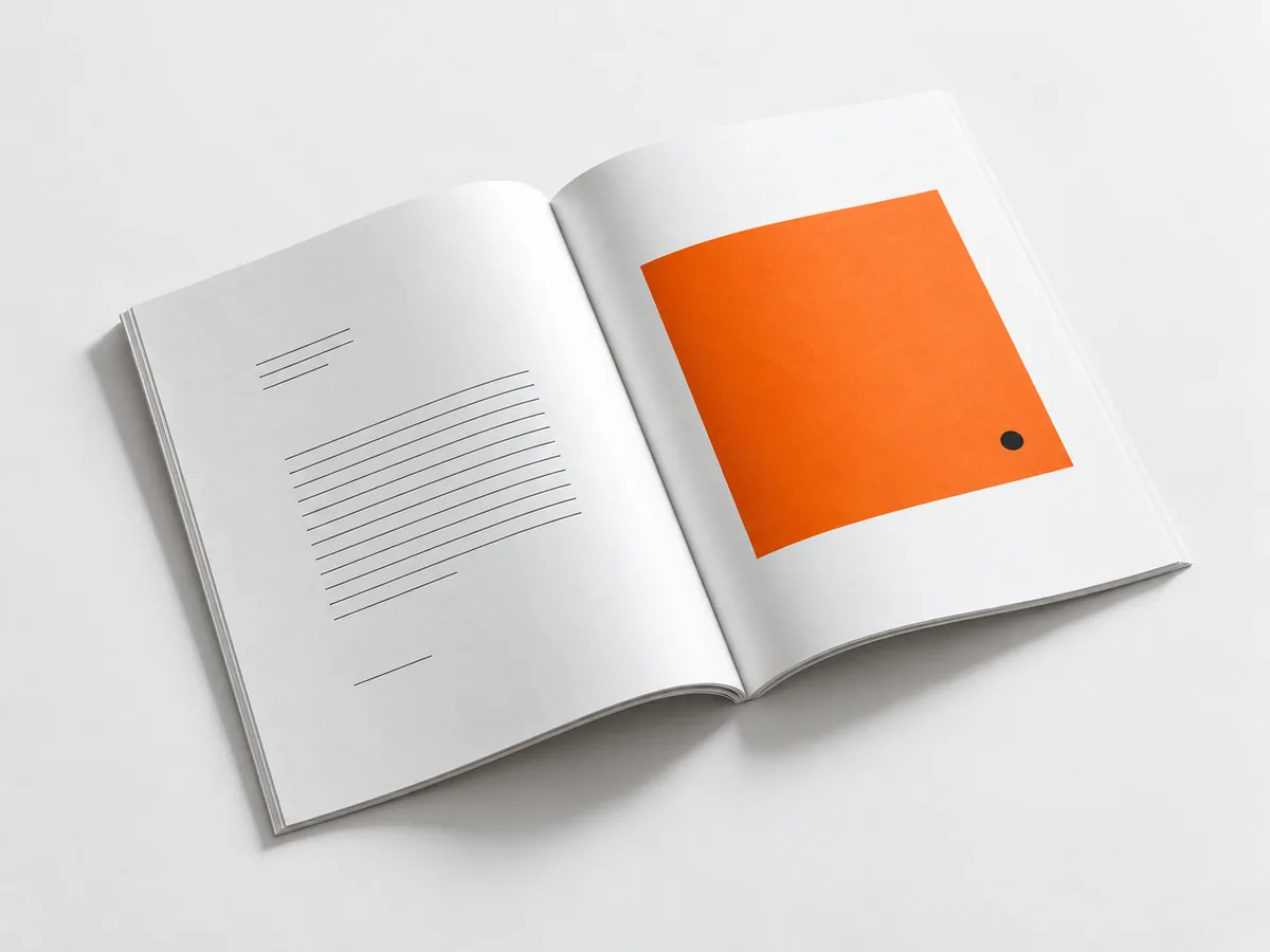 Otwarty magazyn z minimalistycznym układem artykułu i pomarańczową ilustracją
