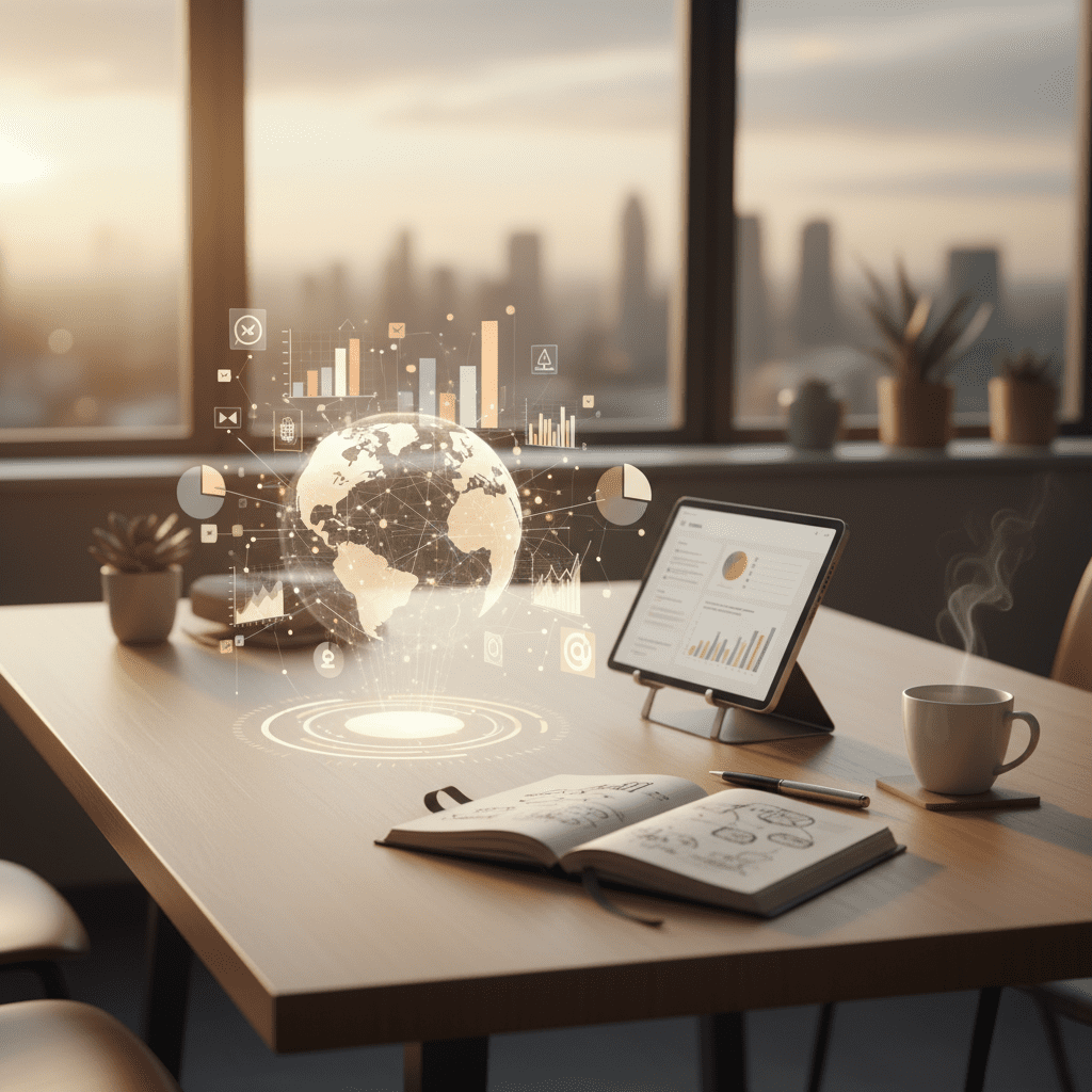 Biuro z wizualizacją danych globalnych