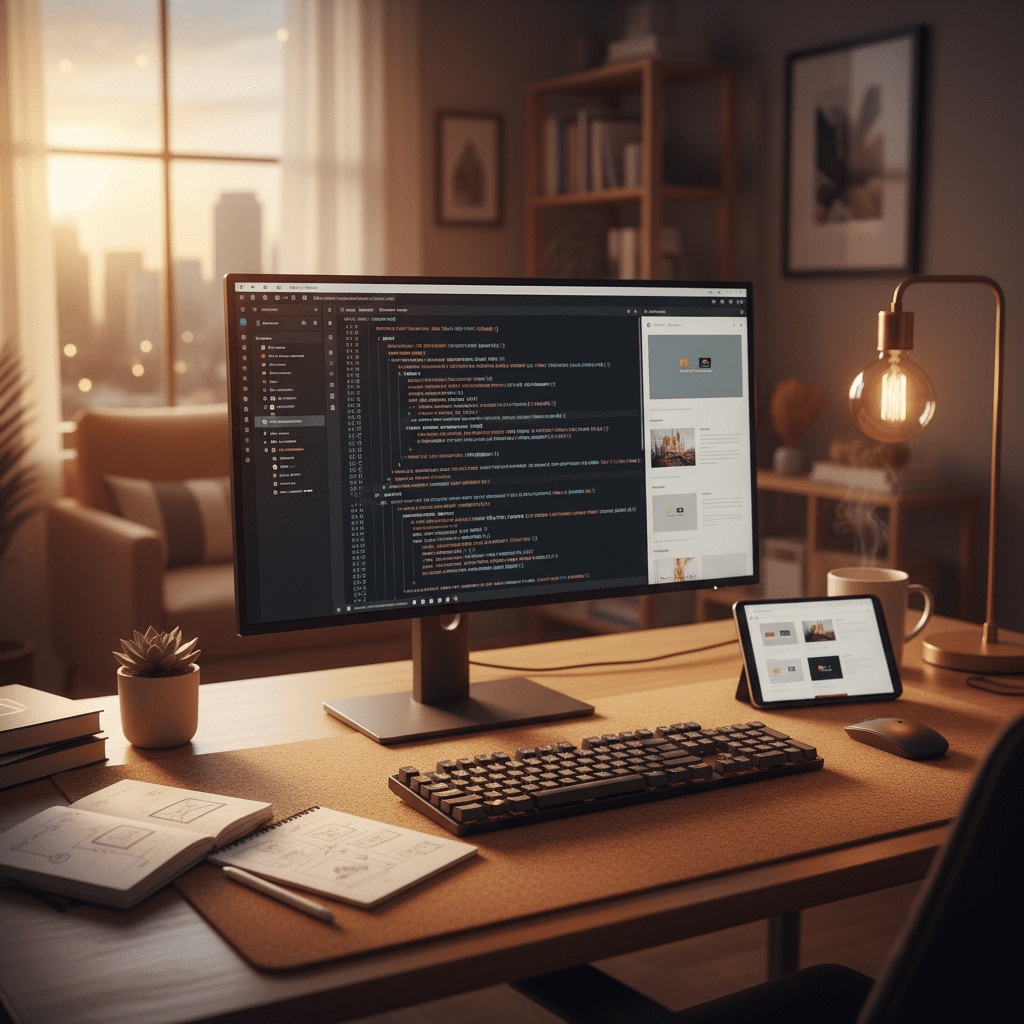 Biurko z komputerem i kodem