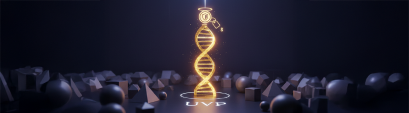 Złota helisa DNA z logo UVP