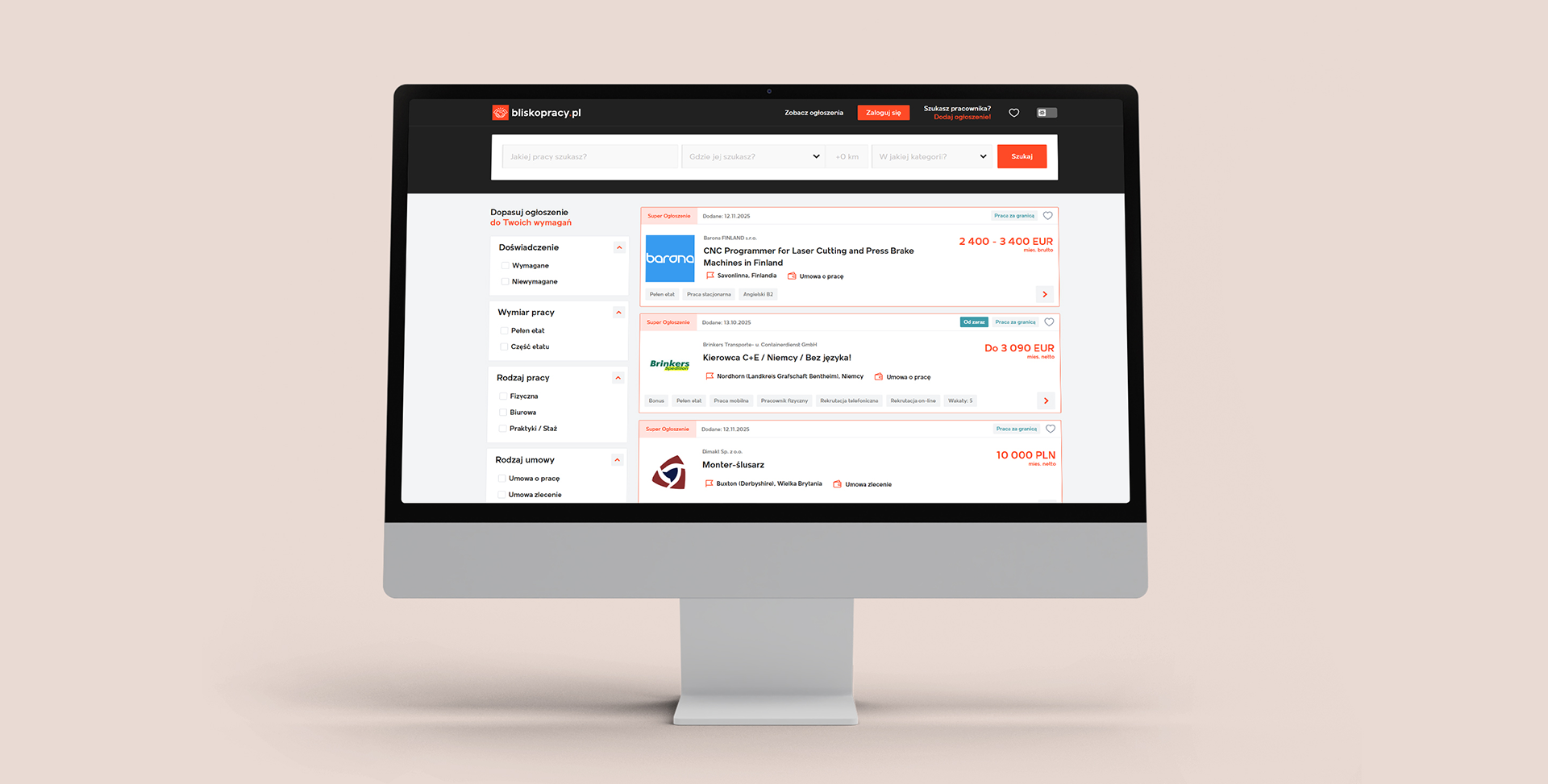 Interfejs użytkownika z ofertami pracy