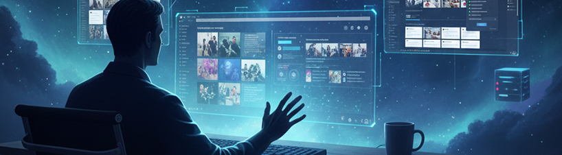 Mężczyzna przy futurystycznym komputerze.