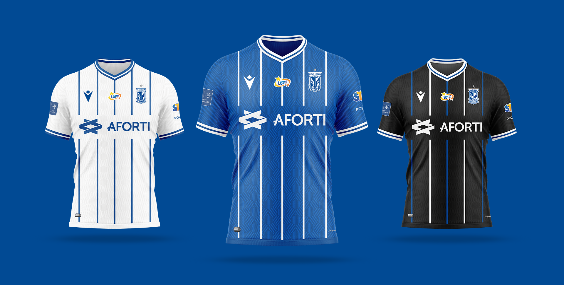 Trzy koszulki piłkarskie w kolorach